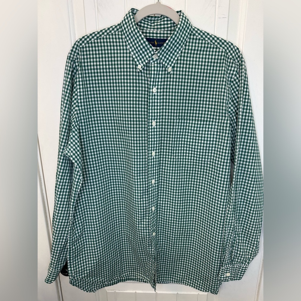 Men's Ralph Lauren Green & White Gingham Button Down Shirt Size L